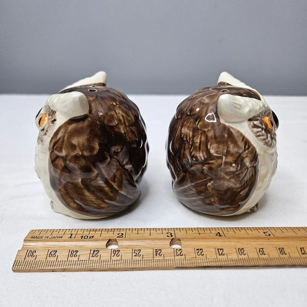 Vtg Owl Salt and Pepper Shakers Set Ceramic Japan Brown White Mid Century Modern